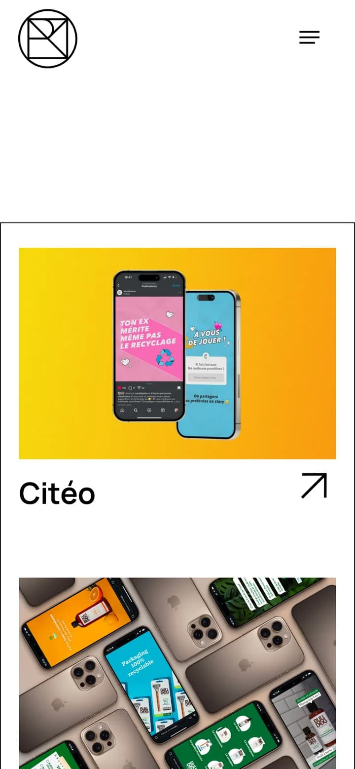 La page des projets sur un téléphone : la grille de réalisations, avec le projet Citéo et ses maquettes de téléphone sur fond jaune, chaque titre suivi d’une flèche.